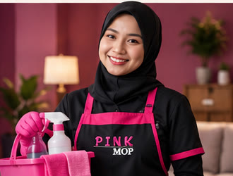 Krew Pink Mop tersenyum membawa bakul peralatan cucian