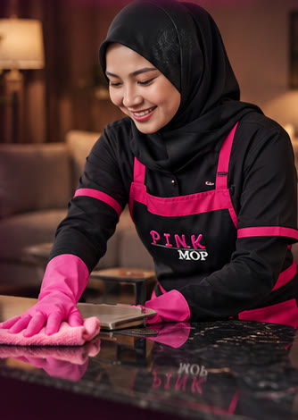 Krew wanita Pink Mop mengelap meja dengan sarung tangan pink