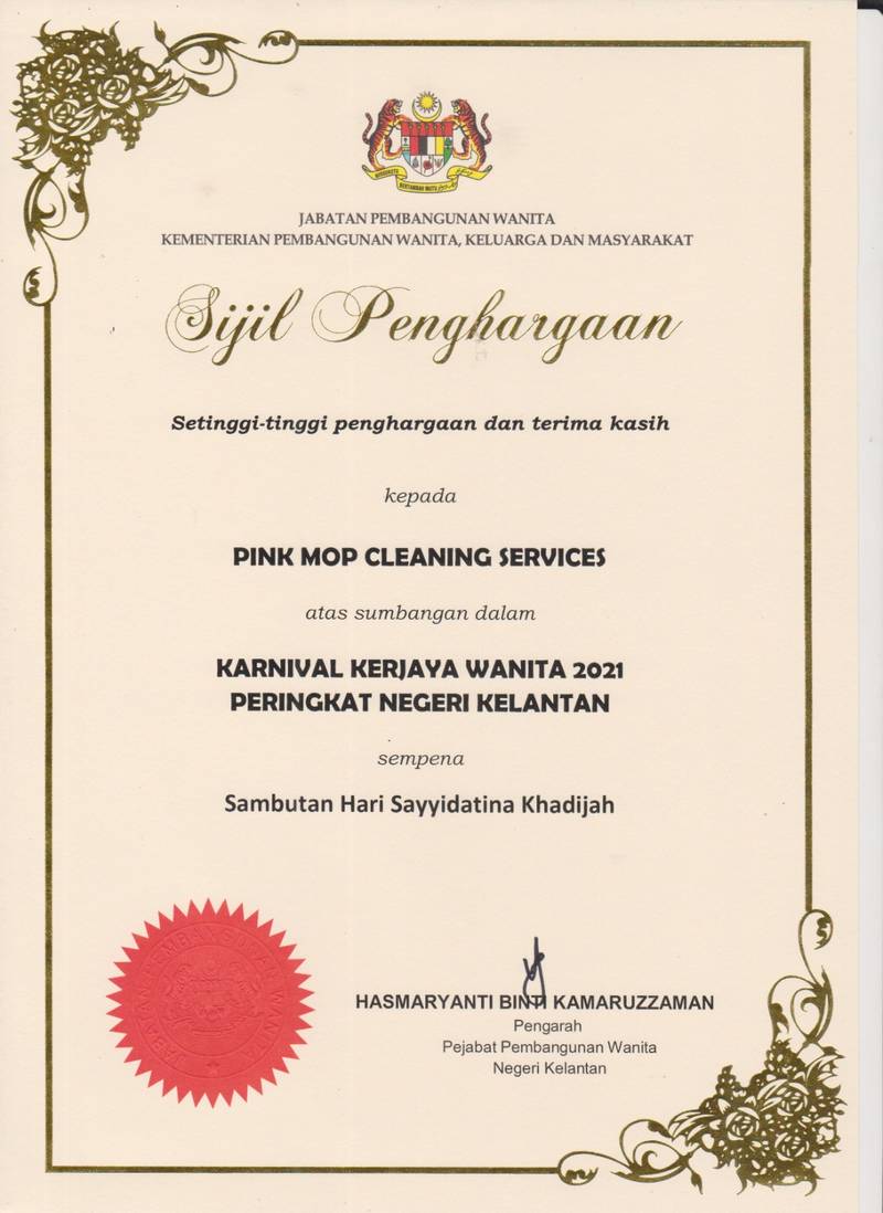 Sijil Penghargaan Jabatan Pembangunan Wanita kepada Pink Mop
